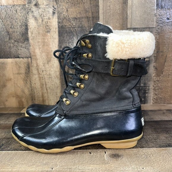 WOMEN'S SPERRY FOR J.CREW SHEARWATER BUCKLE BOOTS IN BLACK Sz 9M - Picture 2 of 11